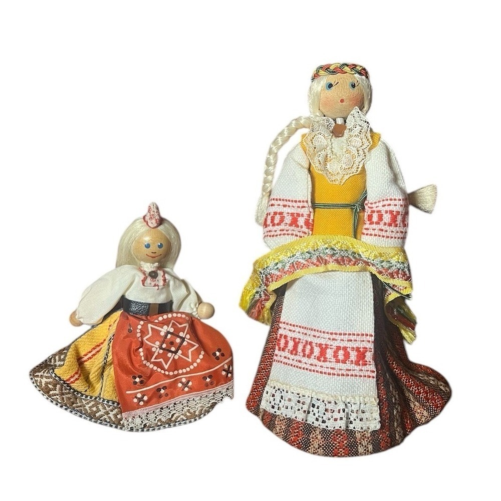 Vintage Estonian Wooden Dolls 8in and 5in